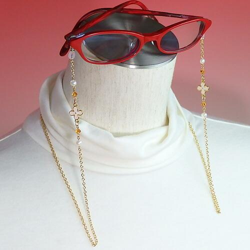 メール便 メガネチェーン ホワイトフラワー ＆ オレンジ スワロフスキー ＆ パール 眼鏡チェーン グラスコード めがねチェーン マスクチェーン |  | 01