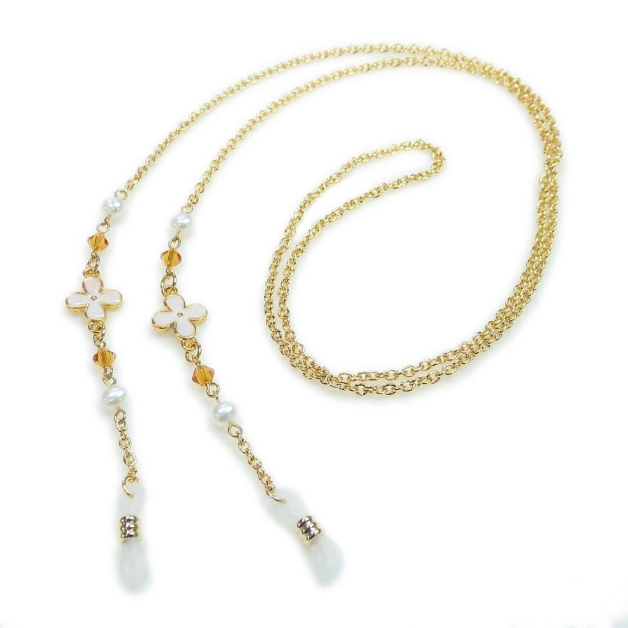 メール便 メガネチェーン ホワイトフラワー ＆ オレンジ スワロフスキー ＆ パール 眼鏡チェーン グラスコード めがねチェーン マスクチェーン |  | 02