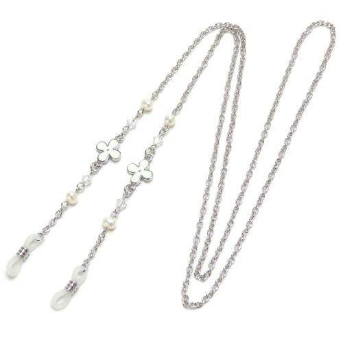 メール便 メガネチェーン 白いお花 ＆ パール スワロフスキー