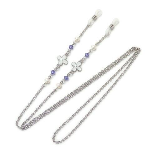 メール便 メガネチェーン 白いお花 ＆ パール スワロフスキー