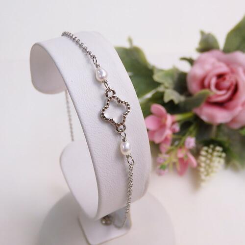 メール便 ブレスレット 淡水パール クローバーフラワー ブレスレット チェーン 淡水真珠 バロックパール クリスマス ギフトに プレゼントに | 