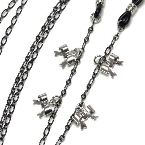 メール便 メガネチェーン リボン チャーム ブラックチェーン 眼鏡チェーン めがねチェーン ゴスロリ 風水カラー 黒 ハロウィン マスクチェーン | 