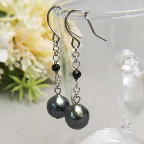 メール便 南洋黒蝶真珠 バロック ブラックスピネル ピアス チタンピアス イヤリング 黒蝶 南洋 パール バレンタイン ギフトに プレゼントに | 