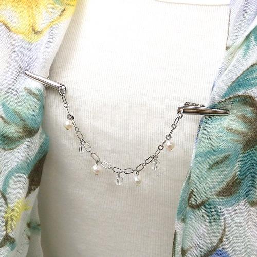 メール便 ショールクリップ フリンジ クリスタル水晶 ＆ 淡水パール ドレスクリップ ストールクリップ シェイプレット レディース 真珠 |  | 03