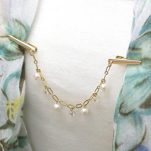 メール便 ショールクリップ フリンジ クリスタル水晶 ＆ 淡水パール ドレスクリップ ストールクリップ シェイプレット レディース 真珠 |  | 04