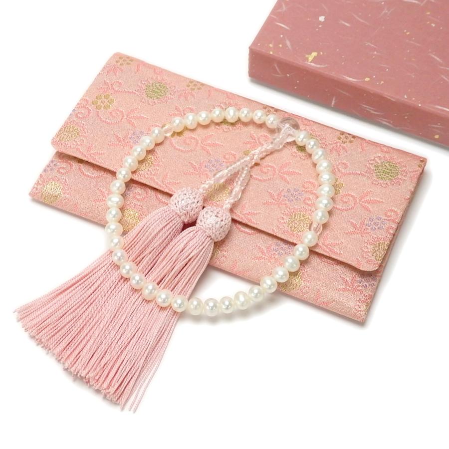 念珠 淡水真珠 淡水パール 6〜6.5mm 念珠ケース付き 数珠 念誦 正絹 紫房 白房 ピンク房 クリスマス ギフトに プレゼントに | 