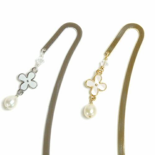 メール便 しおり ブックマーカー 白いお花 ＆ 淡水パール  スワロフスキー 金属 メタル シルバーカラー ゴールドカラー 栞 帯飾り 浴衣 着物 |  | 02