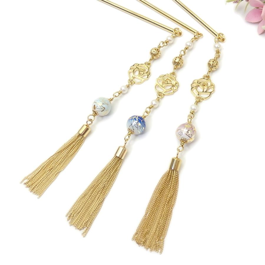 メール便 かんざし 浴衣 情熱のバラ 和装 留袖 浴衣 着物 パール 一本 コーム 薔薇 透かし ローズ 唐草樹脂ビーズ 真珠 揺れる タッセル 帯飾り 和風モダン | 