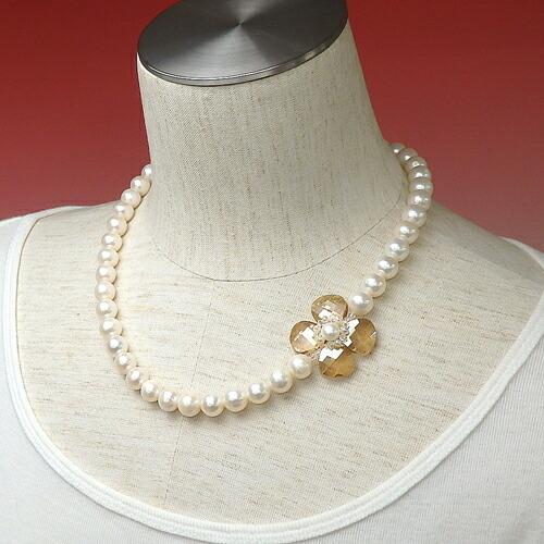 大粒 淡水パール ネックレス スワロフスキー お花 淡水真珠 9mm ブラック シャンパンゴールド クリスマス ギフトに プレゼントに |  | 01