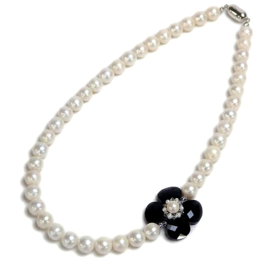 大粒 淡水パール ネックレス スワロフスキー お花 淡水真珠 9mm ブラック シャンパンゴールド クリスマス ギフトに プレゼントに |  | 02