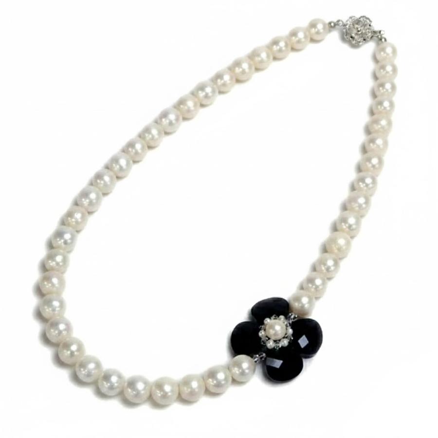 大粒 淡水パール ネックレス スワロフスキー お花 淡水真珠 9mm ブラック シャンパンゴールド クリスマス ギフトに プレゼントに |  | 02