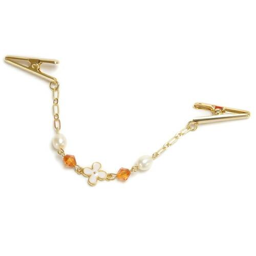 メール便 ショールクリップ ストールクリップ ホワイトフラワー オレンジ 淡水パール ドレスクリップ シェイプレット 帽子クリップ おしゃれ | 