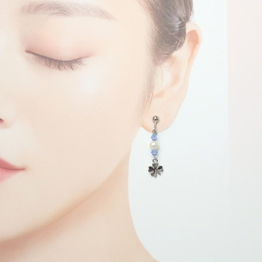 メール便 ピアス イヤリング 四つ葉 クローバー グリーン 七色 スワロフスキー パール ステンレスピアス 真ちゅうイヤリング 淡水真珠 淡水パール |  | 04