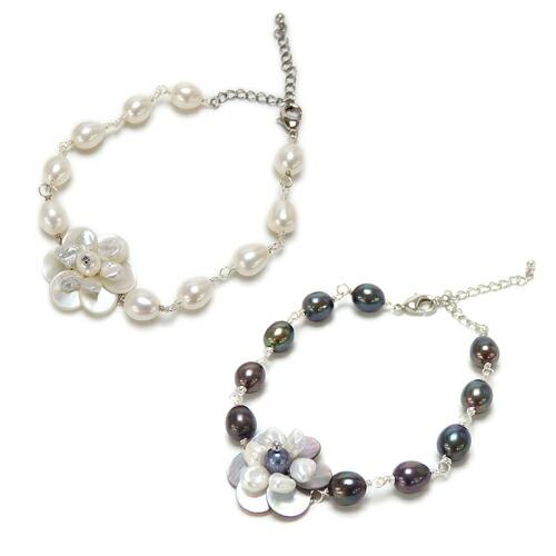メール便 シェルフラワー パール ブレスレット 淡水真珠 貝 シェル 花 バロックパール ケシパール バレンタイン ギフトに プレゼントに | 