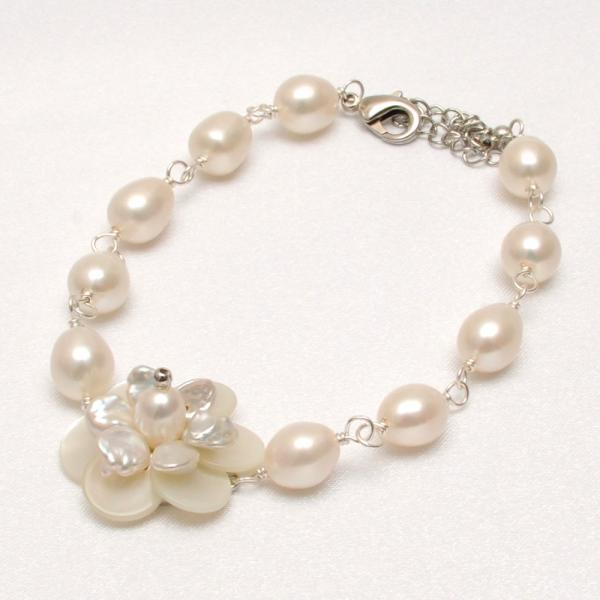 メール便 シェルフラワー パール ブレスレット 淡水真珠 貝 シェル 花 バロックパール ケシパール バレンタイン ギフトに プレゼントに |  | 01