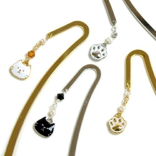 メール便 しおり ブックマーカー 黒猫 白猫 肉球 金属 メタル ゴールドカラー キャット 栞 贈り物 贈答品 猫 クリスマス ギフトに プレゼントに | 