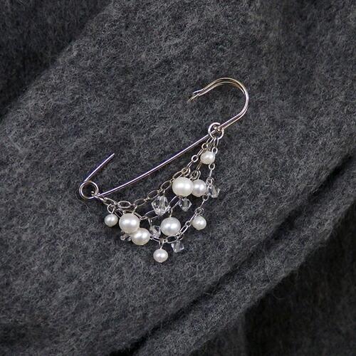 じゃらじゃら 淡水パール & スワロフスキー カブトピン ブローチ 真珠 ショールピン ストールピン ゴールド シルバー |  | 03