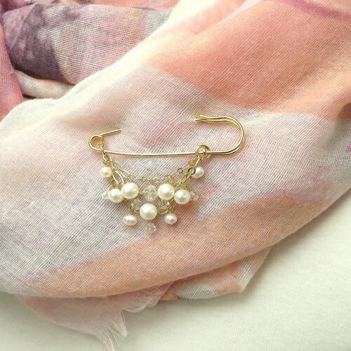 じゃらじゃら 淡水パール & スワロフスキー カブトピン ブローチ 真珠 ショールピン ストールピン ゴールド シルバー |  | 04