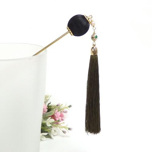 かんざし 揺れる タッセル サテン リボン ボール 七宝玉 リボン巻き玉 七宝焼 浴衣 着物 ヘアアクセサリー 髪飾り ブラック 玉かんざし 一本 |  | 03