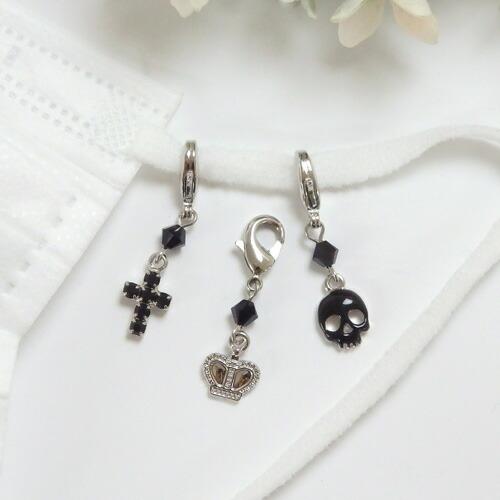 マスクチャーム クロス スカル クラウン スワロフスキー 十字架 王冠 ドクロ 骸骨 マスクアクセサリー チャーム カニカン金具 マスクピアス termhalloween | 