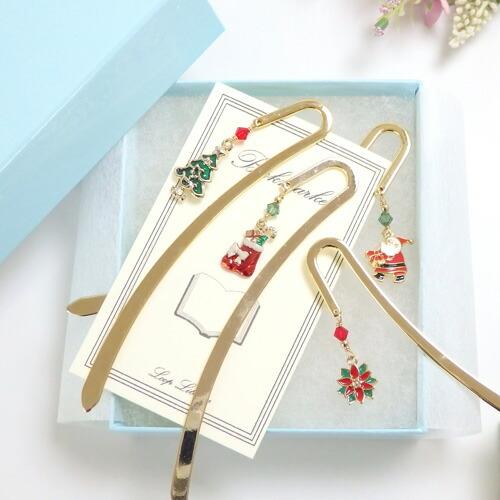 ギフトケース入り しおり ブックマーカー クリスマス クリスマスツリー サンタクロース ポインセチア 靴下 ブーツ スワロフスキー 金属 メタル 栞 帯飾り | 