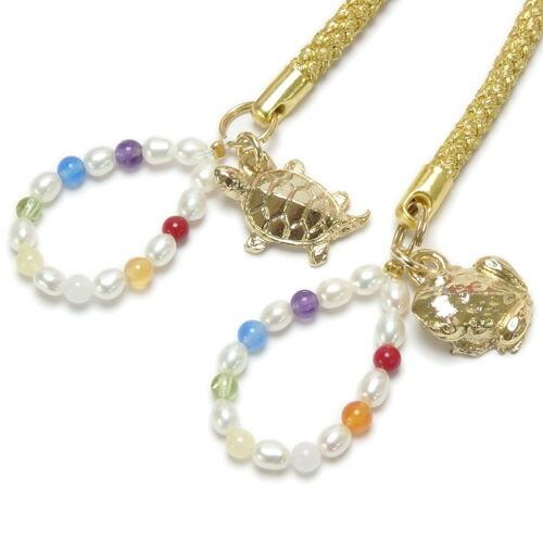 メール便 厄除け 天然石 七色 ＆ 開運 亀 蛙 カメ カエル 淡水パール 根付 根付け ストラップ 風水 7色 キーホルダー 真珠 半貴石 |  | 02