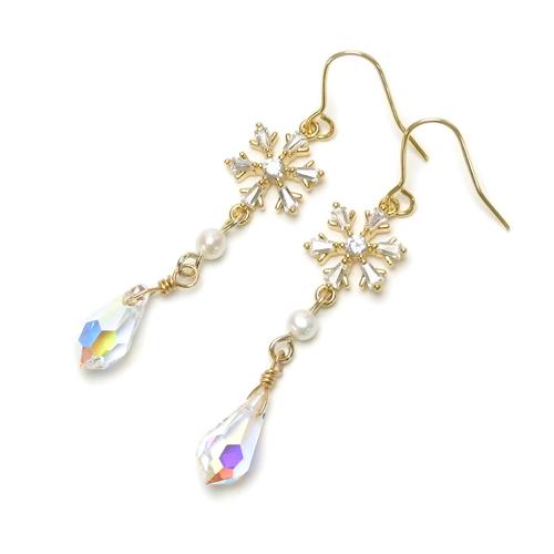 ピアス イヤリング 雪の結晶 スノーフレーク キュービックジルコニア 淡水パール レディース ステンレスピアス バレンタイン ギフトに プレゼントに | 