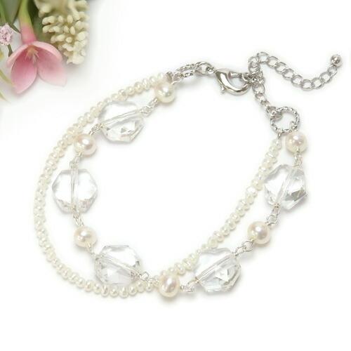 ブレスレット キラキラカット 六角 水晶 ＆ 淡水真珠 ベビーパール 6角形 淡水パール 父の日 ギフトに プレゼントに | 