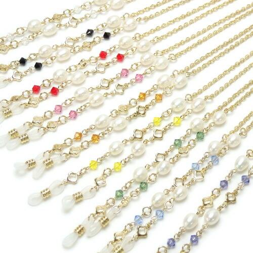 メール便 淡水真珠 メガネチェーン 7色 +クリア + ブラック 淡水パール スワロフスキー 眼鏡チェーン 七色 マスクチェーン クリスマス ギフトに プレゼントに |  | 12