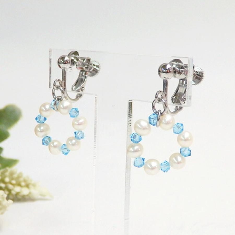 メール便 ピアス イヤリング ブルースワロフスキー サークル 淡水真珠 フックピアス ブルークリスタルピアス パール ステンレスピアス 爆買 |  | 03