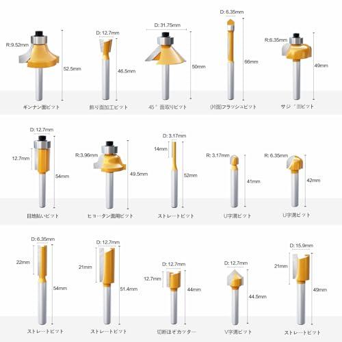 CSOOM プロ木工トリマービットセット 超硬ルーターセット 15本組 軸径6mm木工工具のルータビットセット 木製収納ボックス付き｜shopmulti｜02