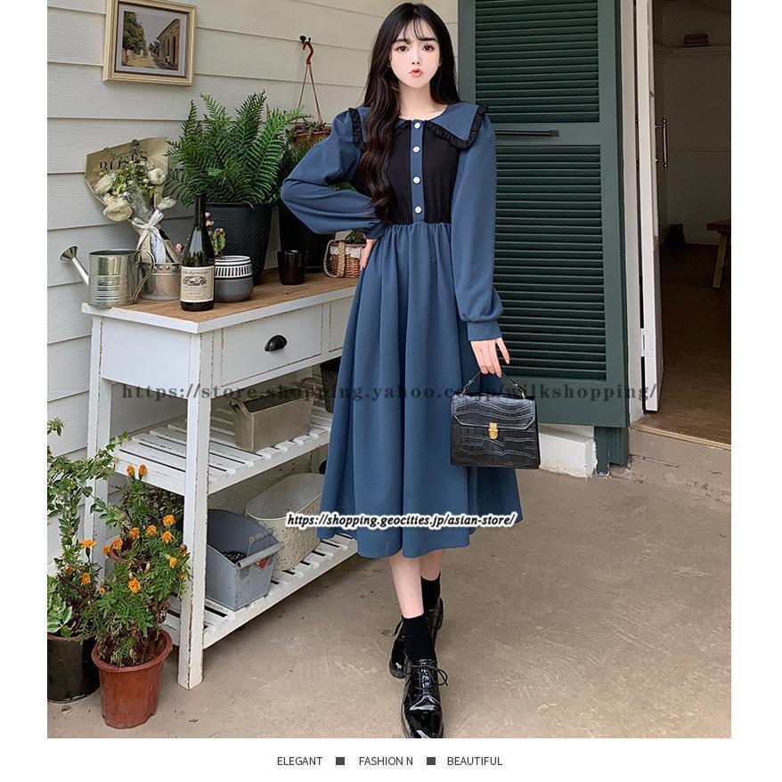 ドッキングワンピース フレアワンピース 長袖ワンピース 春ワンピ 秋服
