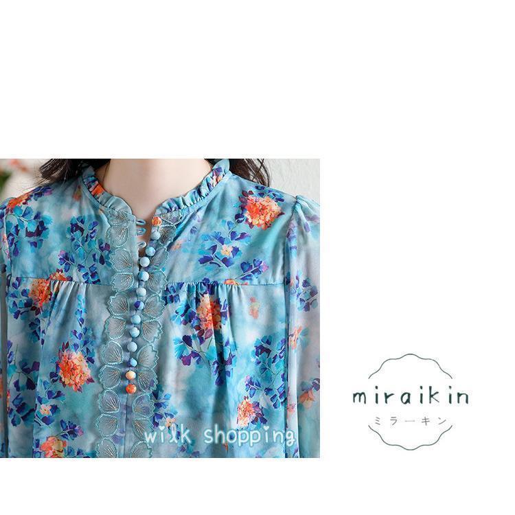 シフォンチュニック 花柄ブラウス ボタニカル柄 レースリーフ 