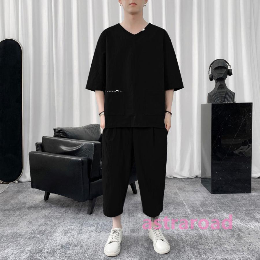 セットアップ メンズ 綿麻 Tシャツ 半袖 ルームウェア 薄手 ジャージ 7 