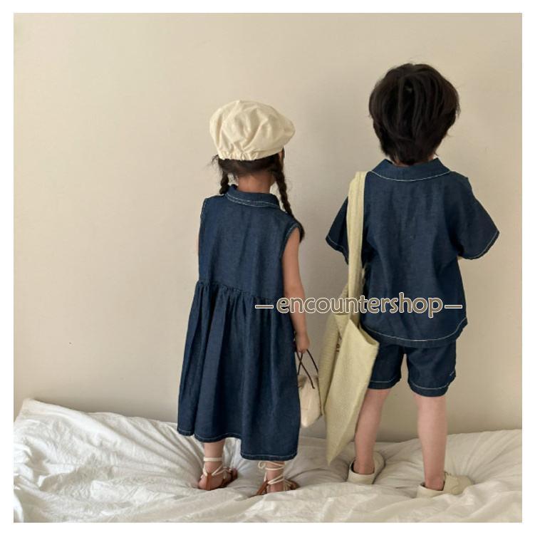 デニムワンピース 子供服 姉妹お揃い 兄弟お揃い セットアップ 半袖