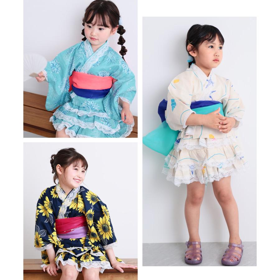 浴衣 子供 セパレート 女の子 浴衣ドレス 4点セット フリル付き 帯2本