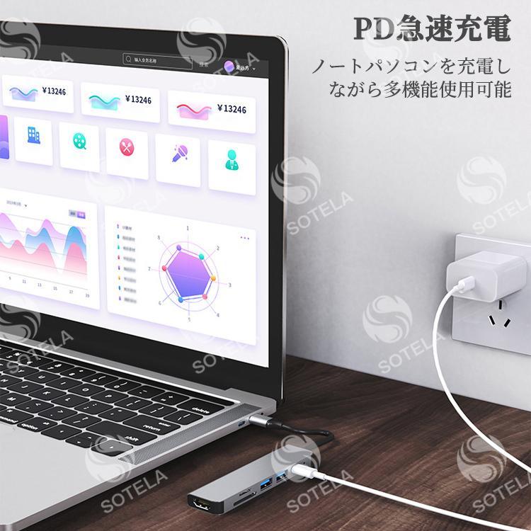 USBハブ ドッキングステーション Type‐C USB3.0 6in1 PD 薄型 プロジェクター HDMI SD TF MicroSD リーダー 4K 急速 充電 データ転送 変換｜shoppin｜04