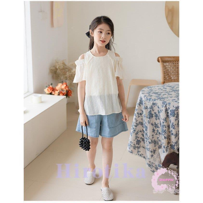 韓国子供服 トップス シャツ ブラウス おしゃれ ストライプ柄 女の子 ブラウス 純色 可愛い 半袖 肩出し キッズ 夏着 オシャレ コーデ お出かけ 通学着 普段着 Kiko Etcs4 Shoppin 通販 Yahoo ショッピング