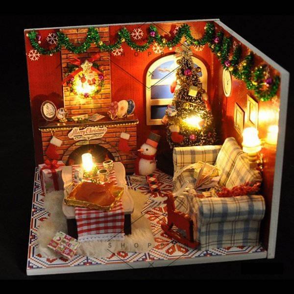 クリスマスドールハウスキット ミニチュアドールハウス クリスマス 装飾 木製 ライト クリスマスツリー 雪だるま 手作り カバー付 プレゼント｜shoppin｜09