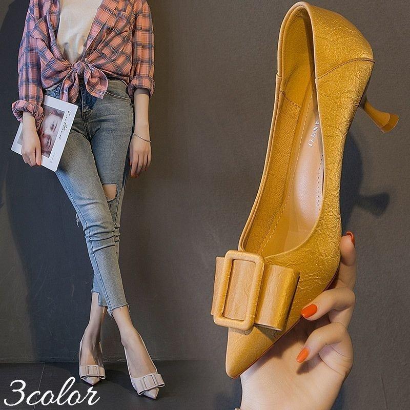 超人気 きれいめ おしゃれ しわ加工 レザー調 シューズ 靴 レディース リボン ミドルヒール ピンヒール ポインテッドトゥ パンプス かわいい シン 可愛い パンプス サイズ 35 22 0 22 5cm