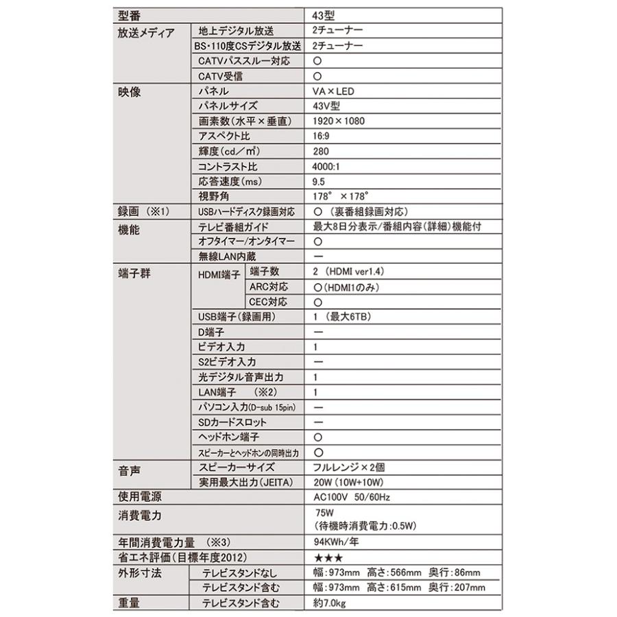 テレビ 液晶テレビ 43インチ Wチューナー搭載 地上 BS 110度CSデジタル