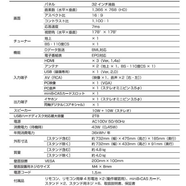 液晶テレビ 32インチ ハイビジョン 外付けHDD録画対応 HDMI端子3系統