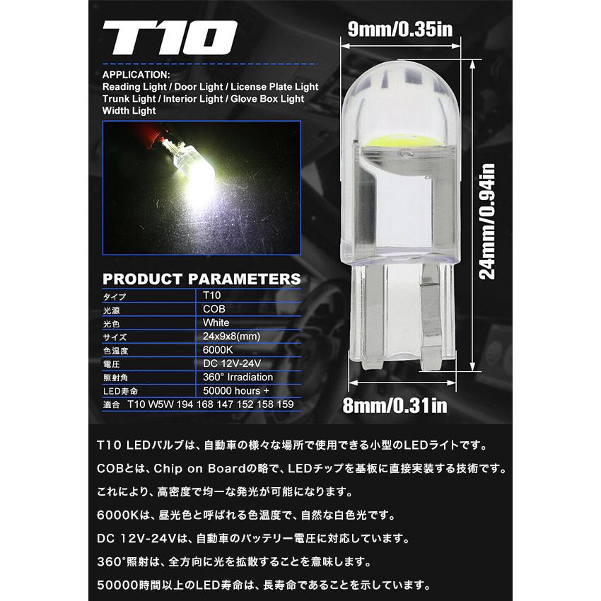 T10 LED 4個セット 300lm ポジション COB ホワイトバルブ ホワイト
