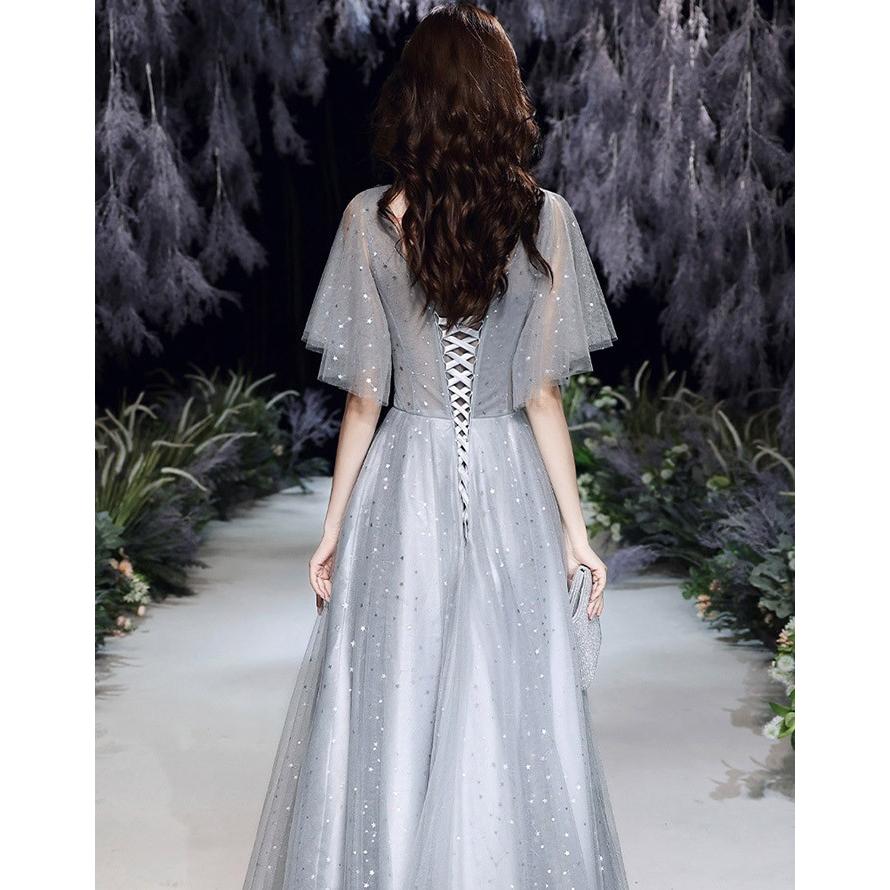 ドレス 大人 ピアノ 発表会 ロングドレス Vネック フレア袖 演奏会