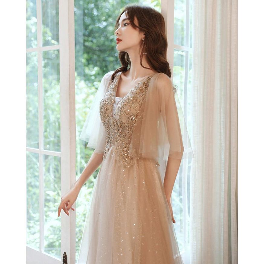 ドレス 大人 ピアノ 発表会 ロングドレス Vネック フレア袖 演奏会