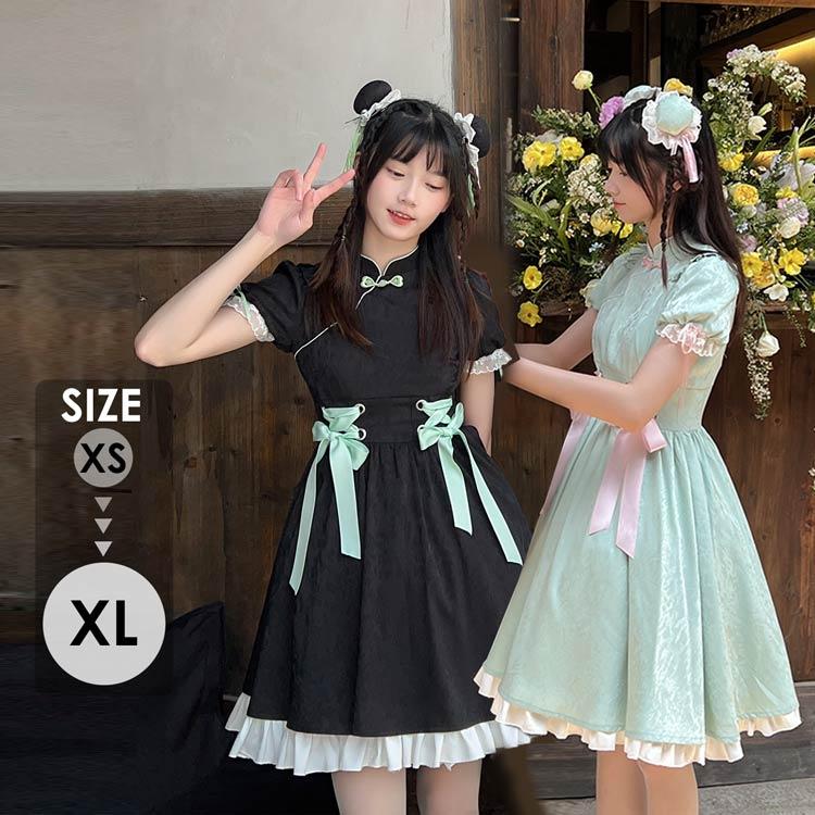 チャイナドレス ワンピース 中華風 ロリータ Lolita パフスリーブ 膝丈