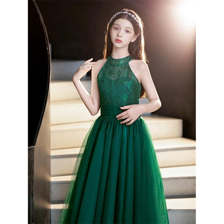 ピアノ発表会 ドレス 子供 女の子 発表会ドレス 子ども ワンピース ノースリーブ レース グリーン ビリジアン お祝い日 演奏会  パーティー ジュニア |  | 02