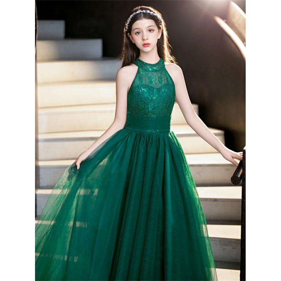ピアノ発表会 ドレス 子供 女の子 発表会ドレス 子ども ワンピース ノースリーブ レース グリーン ビリジアン お祝い日 演奏会  パーティー ジュニア |  | 04