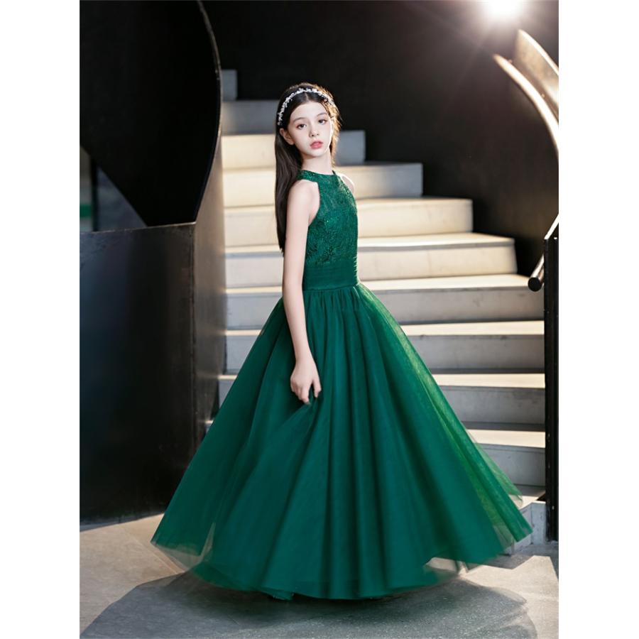 ピアノ発表会 ドレス 子供 女の子 発表会ドレス 子ども ワンピース ノースリーブ レース グリーン ビリジアン お祝い日 演奏会  パーティー ジュニア |  | 07