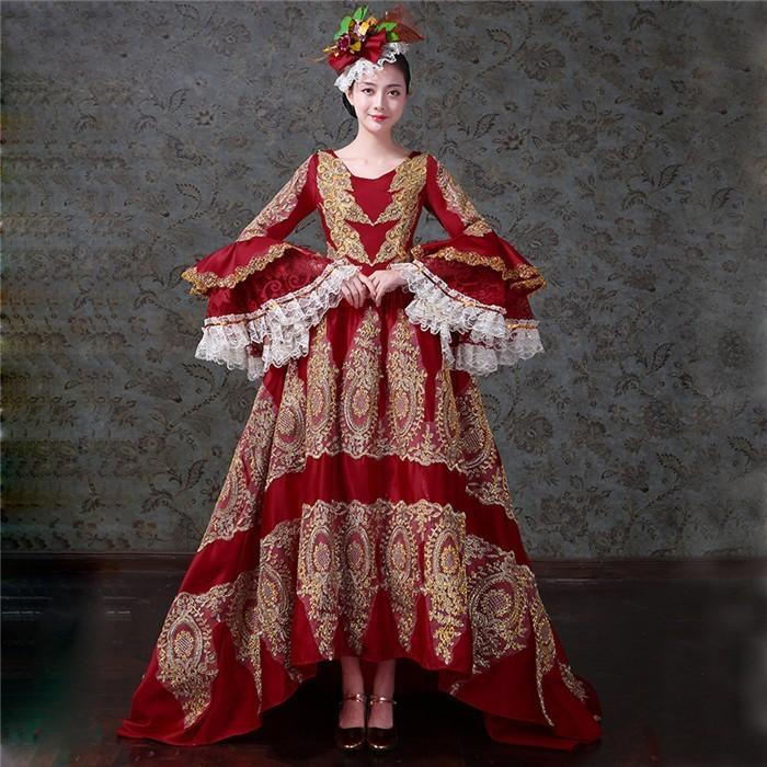 中世貴族風 豪華ロングドレス 刺繍 お姫様ドレス カラードレス 舞台服 ステージ衣装 プリンセスライン 演劇 ドレス 宮廷服ドレス ワインレッドドレス
